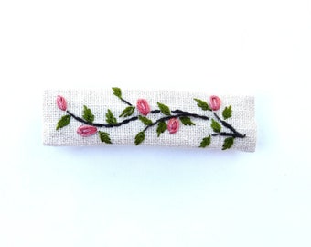 Hand embroidered large white French barrette