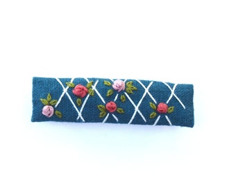 Hand embroidered large teal French Barrette