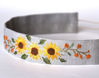 Light Gray Hand Embroidered Sunflower Floral Headband