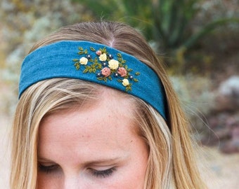 Teal Hand Embroidered Floral Bouquet Headband