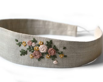 Hand Embroidered Linen Headband: Floral Bouquet, Adjustable Boho Hair Accessory