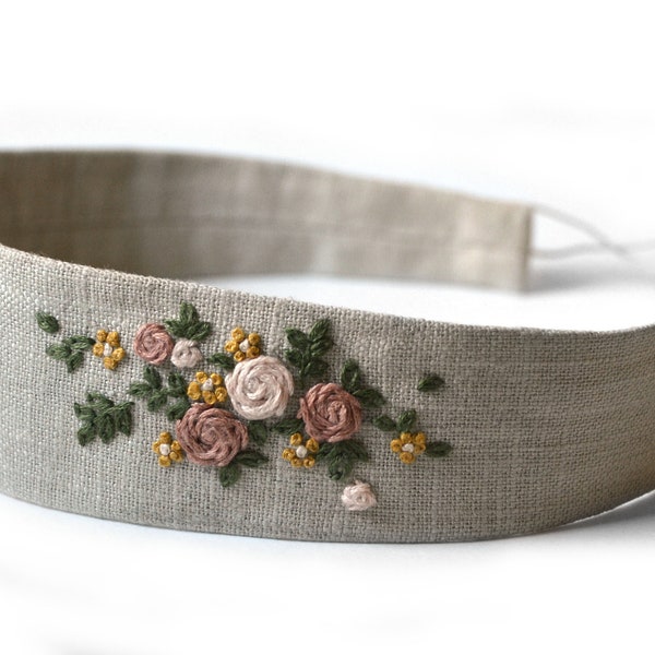 Beige Hand Embroidered Floral Bouquet Headband Beige Fabric Elastic Adjustable Boho Romantic Hippie Handmade Headband