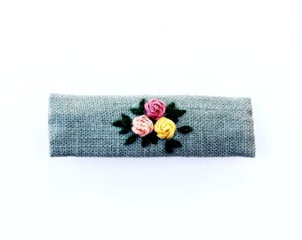 Hand embroidered large green French barrette