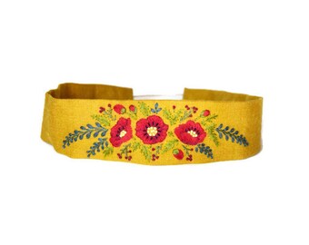 Hand Embroidered Red Poppies Boho Headband