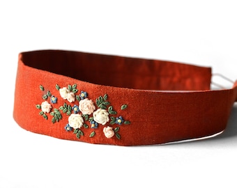 Rust Orange Hand Embroidered Floral Bouquet Headband