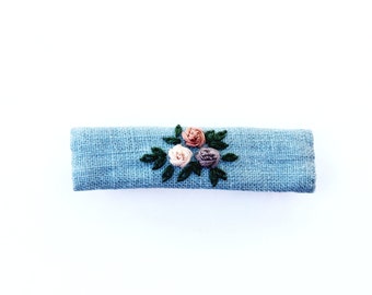 Hand embroidered large sea blue French barrette