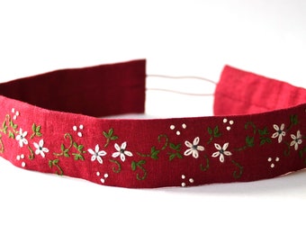 Hand Embroidered Red Floral Headband