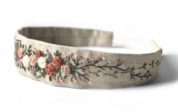 Hand Embroidered Rose Romantic Vintage Style Boho Headband
