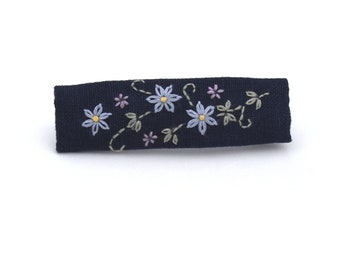 Hand embroidered large navy French barrette