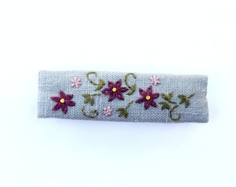 Hand embroidered large grey French barrette