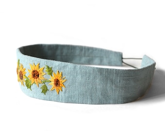 Hand Embroidered Sunflower Boho Hippie Bohemian Headband