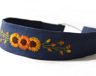 Hand Embroidered Sunflower Floral Womens Boho Headband