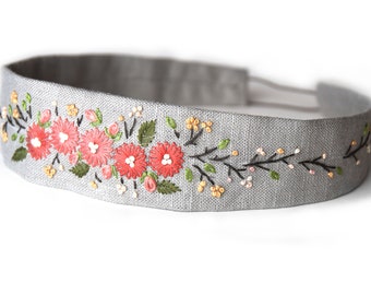 Gray Coral Floral Wildflower Hand Embroidered Fabric Headband