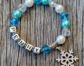 6 DESIGN OPTIONS - Frozen / Frozen Fever Inspired PRINCESS Personalised Name Bead Bracelet Charm, Snow Flake - Child Kids Girl Boy - Jewelry