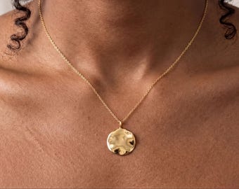 18K Gold Hammered Disc Pendant Necklace - Organic Vermeil Pendant, Adjustable Chain Lengths - Recycled Silver, Artisan Crafted