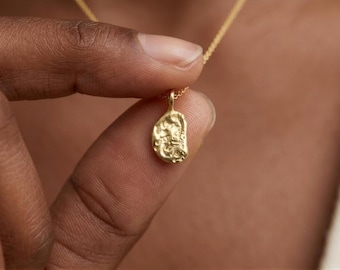 Gold Nugget Necklace 18K Organic Textured Pendant: Minimalist Molten Design, Recycled Solid Gold (Handmade Paris, Adjustable Chain)