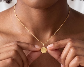 18k Gold Disc Pendant Necklace, Minimalist Everyday Luxury (8mm Solid Gold, Adjustable Chain, Handmade Parisian Jewelry)