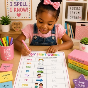 May include: A white educational worksheet titled MY SIGHT WORDS with columns for words, corresponding colorful illustrations, and tracing lines. The worksheet features words like and, see, the, go, my, to, you, and come, accompanied by icons of a rainbow, eyes, book, car, person, arrow, and children.