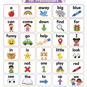 Op de afbeelding: Een kleurrijke educatieve kaart met de titel SIGHT WORDS for Preschoolers, bestaande uit een raster van vijfendertig vierkanten. Elk vierkant bevat een woord met een bijbehorende illustratie, zoals een appel voor a, een regenboog voor and en een blauw potlood voor blue.