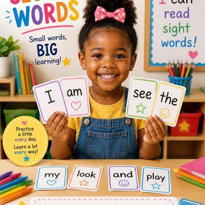 May include: Educational sight word flashcards featuring black text and colourful icons on white cards. The cards display words like I, am, see, the, my, look, and, and play. The set includes decorative elements with text such as Sight Words, Small words, BIG learning, and Read, Learn, Grow, Shine.