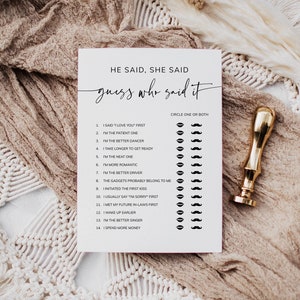 He Said She Said Bridal Shower Game, Wedding Game, Bridal Game Template, Bachelorette Games, Printable Editable, INSTANT DOWNLOAD, Templett afbeelding 1