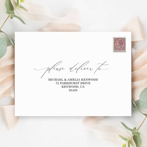 May include: White envelope with a handwritten address label that reads "please deliver to Michael & Amelia Kenwood 72 Parkhurst Drive Kenwood, CA 95409". A vintage postage stamp is in the upper right corner.