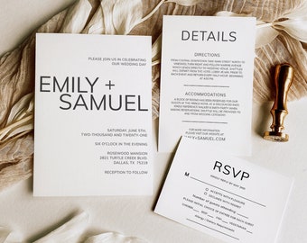 Wedding Invitation Template Set, Minimalist Simple, Editable Wedding Invites, Printable Wedding Invitation, Instant Download, Templett