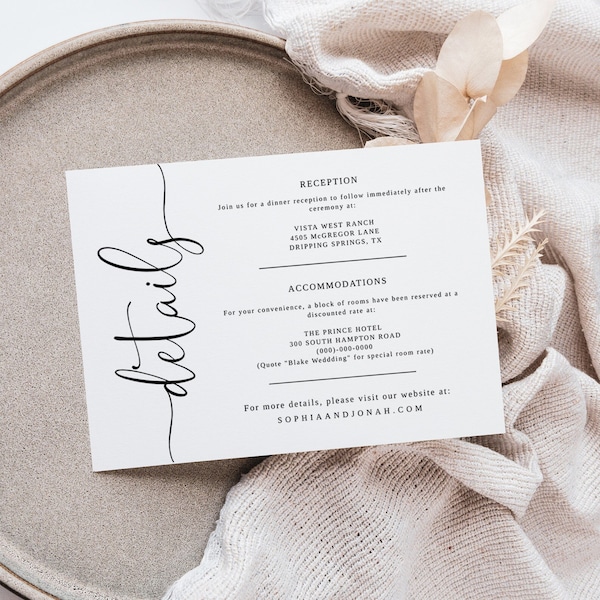 Minimalist Wedding Details Card, Wedding Invitation Insert Card, Modern Calligraphy, Editable & Printable, Instant Download, Try Free Demo