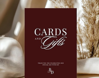 Burgundy Wedding Cards and Gifts Sign Template, Luxury Wedding Reception Sign, Elegant Cards Gifts Sign, Canva Editable, Instant Download