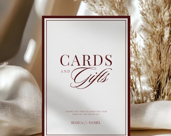 Burgundy Cards and Gifts Wedding Sign Template, Luxury Wedding Reception Sign, Elegant Cards Sign, Canva Editable Template, Instant Download