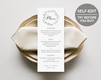 Wedding Menu Template, TRY BEFORE You BUY, Wedding Menu Cards, Printable Menu, Wedding Template, Wedding Signage, Eucalyptus, Rustic, Diy