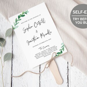 Wedding Program Fan, Wedding Itinerary Template, Greenery Wedding Ceremony Itinerary, Rustic Wedding Signage, Minimalist, Templett Printable
