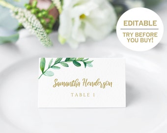 Printable Place Card Template, Instant Download Seating Card, Gold Place Card, Editable Wedding Escort Card, Greenery Seating Templett
