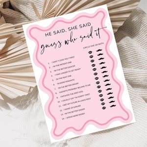 He Said She Said Bridal Shower Game, Printable Pink Bachelorette Game, Hen Party Game, Editable Wedding Shower, Couples Shower, Download image 7