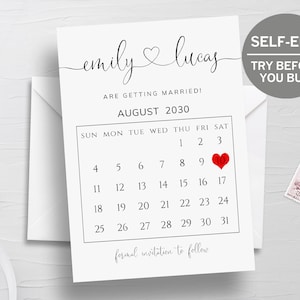 Save The Date Calendar, Printable Wedding Save The Date Cards,  Wedding Announcement Postcard, Heart Invitation, Wedding Invitation Template