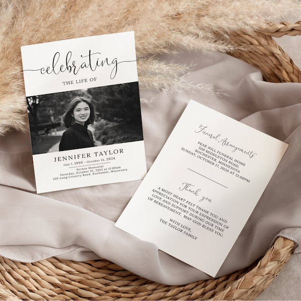 May include: Black and white photo of a woman with a black and white floral design on a white background. The text "celebrating the life of Jennifer Taylor" is at the top of the card. The text "July 7, 1990 - October 15, 2024" is below the photo. The text "Berton Memorial, Saturday, October 14, 2023 at 11:00am, 220 Long Country Road, Rochester, Minnesota" is below the dates. The text "Funeral Arrangements, Peak Hill Funeral Home, 520 Middleton Road, Rochester, Minnesota, Sunday, October 17, 2020 at 12:00pm" is on a separate card. The text "Thank you, A most heart felt thank you and appreciation for your expression of love and support during our time of bereavement. May God bless you. With love, The Taylor Family" is below the funeral arrangements.