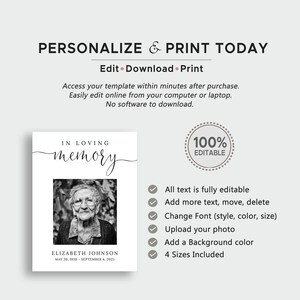 May include: A printable memorial template with a black and white photo of a woman. The template says "In Loving Memory" and includes the name "Elizabeth Johnson" and dates "May 20, 1930 - September 4, 2025". The template is 100% editable and includes four sizes.
