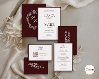 Old Money Wedding Invitation Suite with RSVP & Details, Luxury Burgundy Ivory Wedding Invite Bundle, Canva Editable Template, Elegant