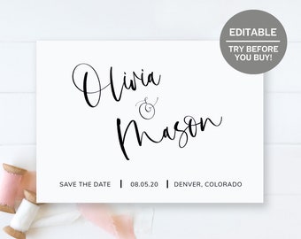 Save The Date Photo Card Template, Simple Save The Date, Modern Calligraphy, Printable Save The Date, Editable Wedding Announcement Download