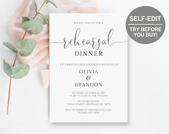 May include: A white rehearsal dinner invitation with black text. The invitation reads "Please join us for a rehearsal dinner celebrating the upcoming wedding of Olivia & Brandon. Saturday, October 18, 2021 at six o'clock in the evening. Biltmore Estate, 1 Bond Street, Asheville, NC, 28715. RSVP to Sarah at sarah@gmail.com or (000) 000-0000."