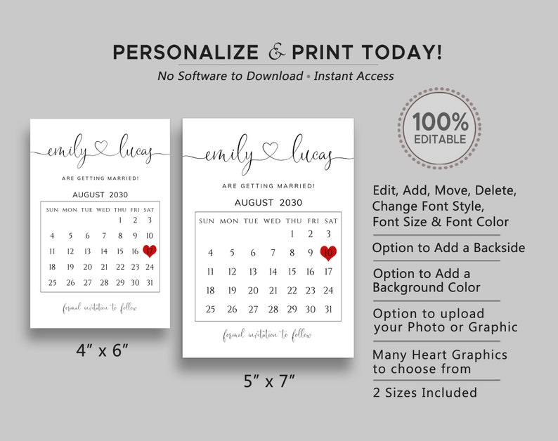 Save the Date Calendar Printable Wedding Save the Date Cards Etsy