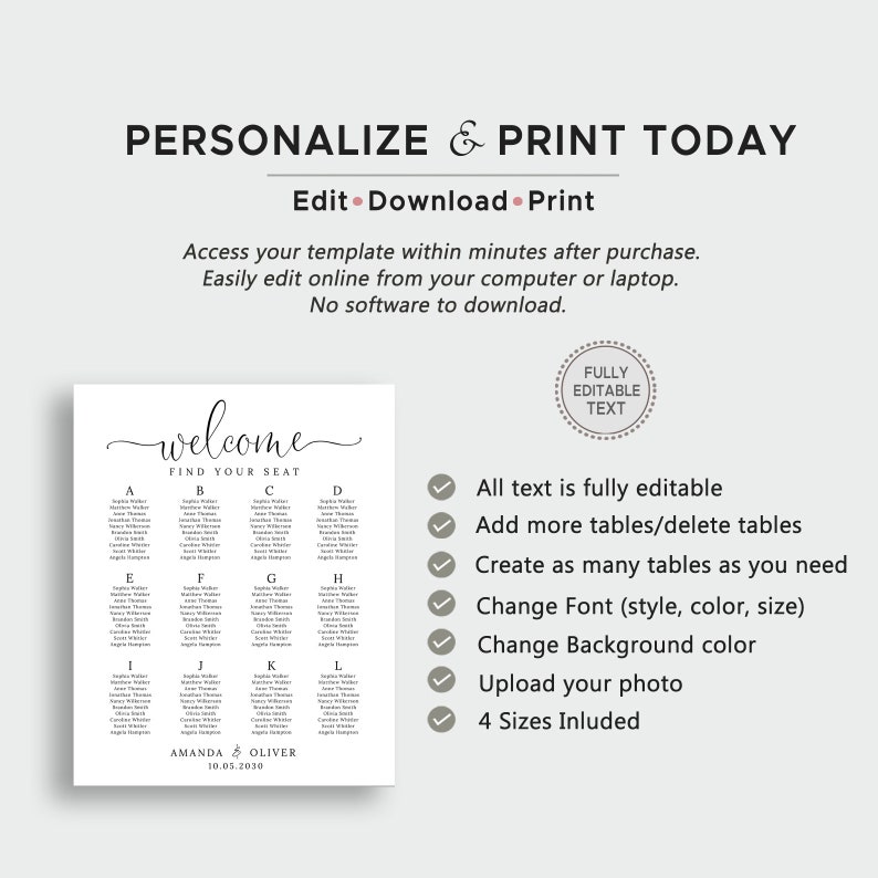 Seating Letters Alphabetical Seating Chart Template, Modern Calligraphy, Wedding ...