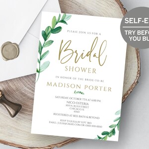 Bridal Shower Invitation Template, TRY BEFORE You BUY, Eucalyptus Bridal Shower Invites, 100% Editable, Rustic Invitation, Minimalist, Diy