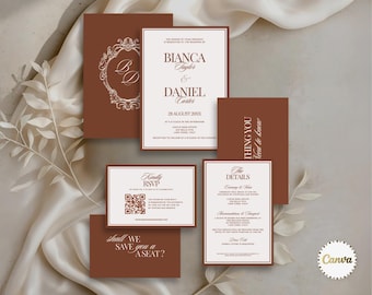 Terracotta Wedding Invitation Suite Template with RSVP Details & Wedding Monogram, Rustic Orange Wedding Invite Bundle, QR, Canva Editable