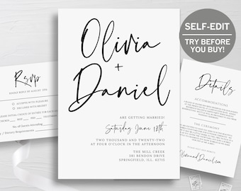 Simple Wedding Invitation Set, TRY BEFORE You BUY, Invitation Template, Instant Download, Rustic Wedding Invite, Details & Rsvp, Minimalist