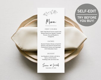 Mountain Wedding Menu Template, Printable Menu Cards, Instant Download, 100% Editable, Rustic Wedding, TRY BEFORE You BUY, Minimalist