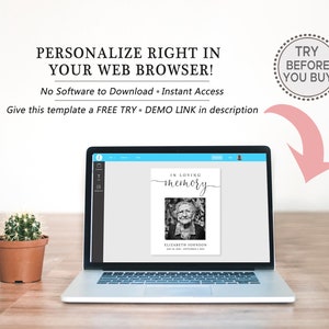 May include: A laptop computer screen displaying a customizable memorial template with a black and white photo of an older woman. The text on the screen reads "In loving memory" and "Elizabeth Johnson".