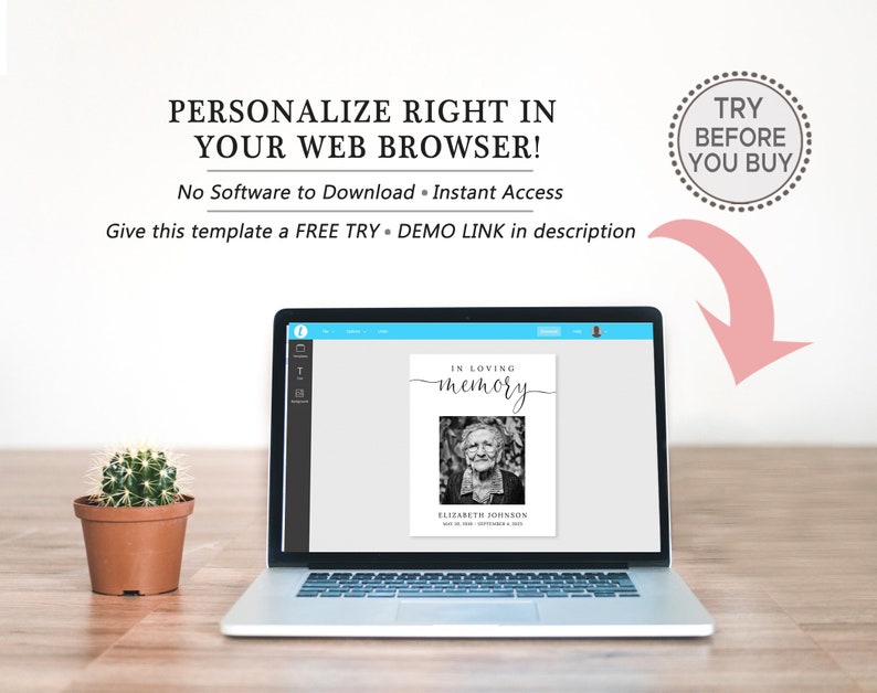 May include: A laptop computer screen displaying a customizable memorial template with a black and white photo of an older woman. The text on the screen reads "In loving memory" and "Elizabeth Johnson".