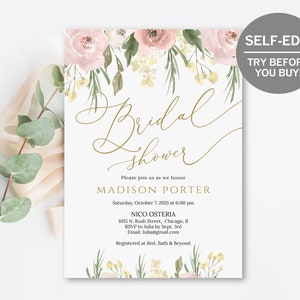 Blush Bridal Shower Invitation Template, Floral Invitation Printable, Gold Bridal Shower Template, Printable Shower, 100% Editable Template
