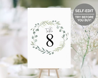 Table Number Template, TRY BEFORE You BUY, Wedding Table Numbers,  Rustic Table Numbers, Table Cards, Greenery Place Cards, Minimalist, Diy